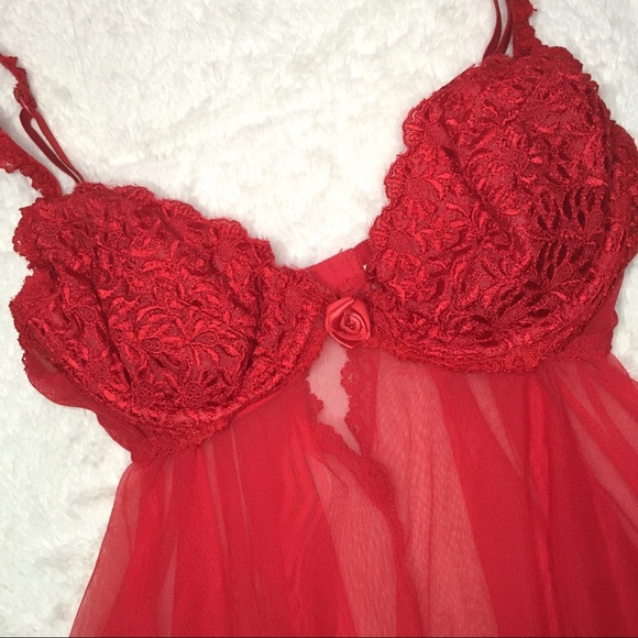 Vintage Red Lace Sheer Mesh Lingerie Babydoll Top XS - Picture 2 of 6